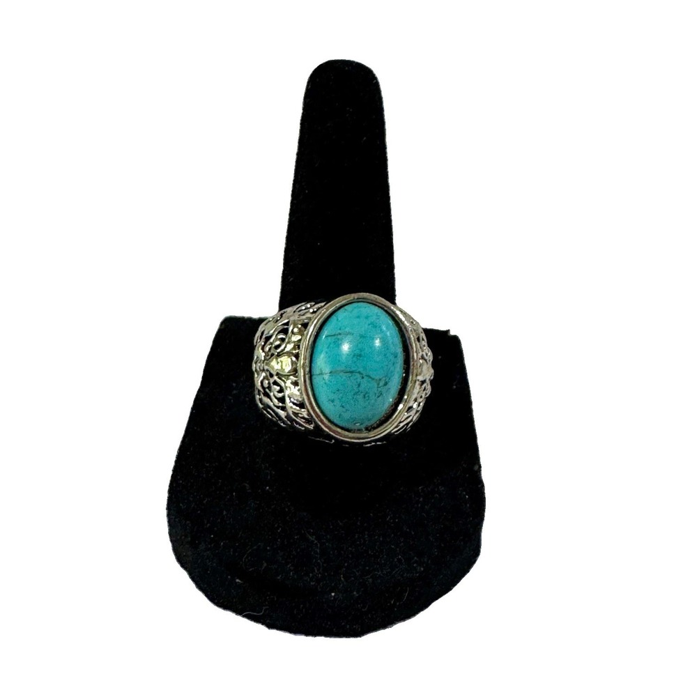 Silver Tone Oval Blue Turquoise Cabochon Bezel Ring Size 8 adjustable